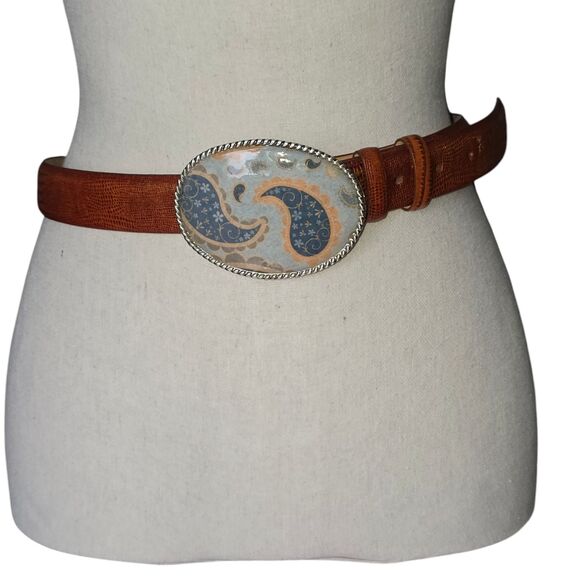 Vintage Concho Style Statement Belt Buckle Enamel Paisley Italian Calfskin 36" - Picture 1 of 6